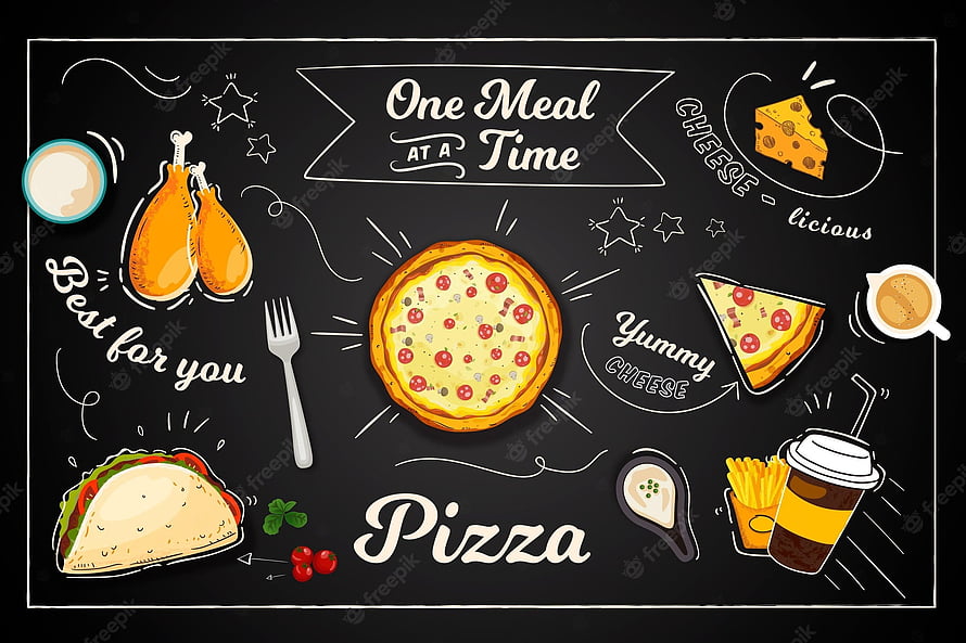 Chalkboard Style Pizza Menu Illustration with Fast Food Icons and Handwritten Typography HD wallpaper