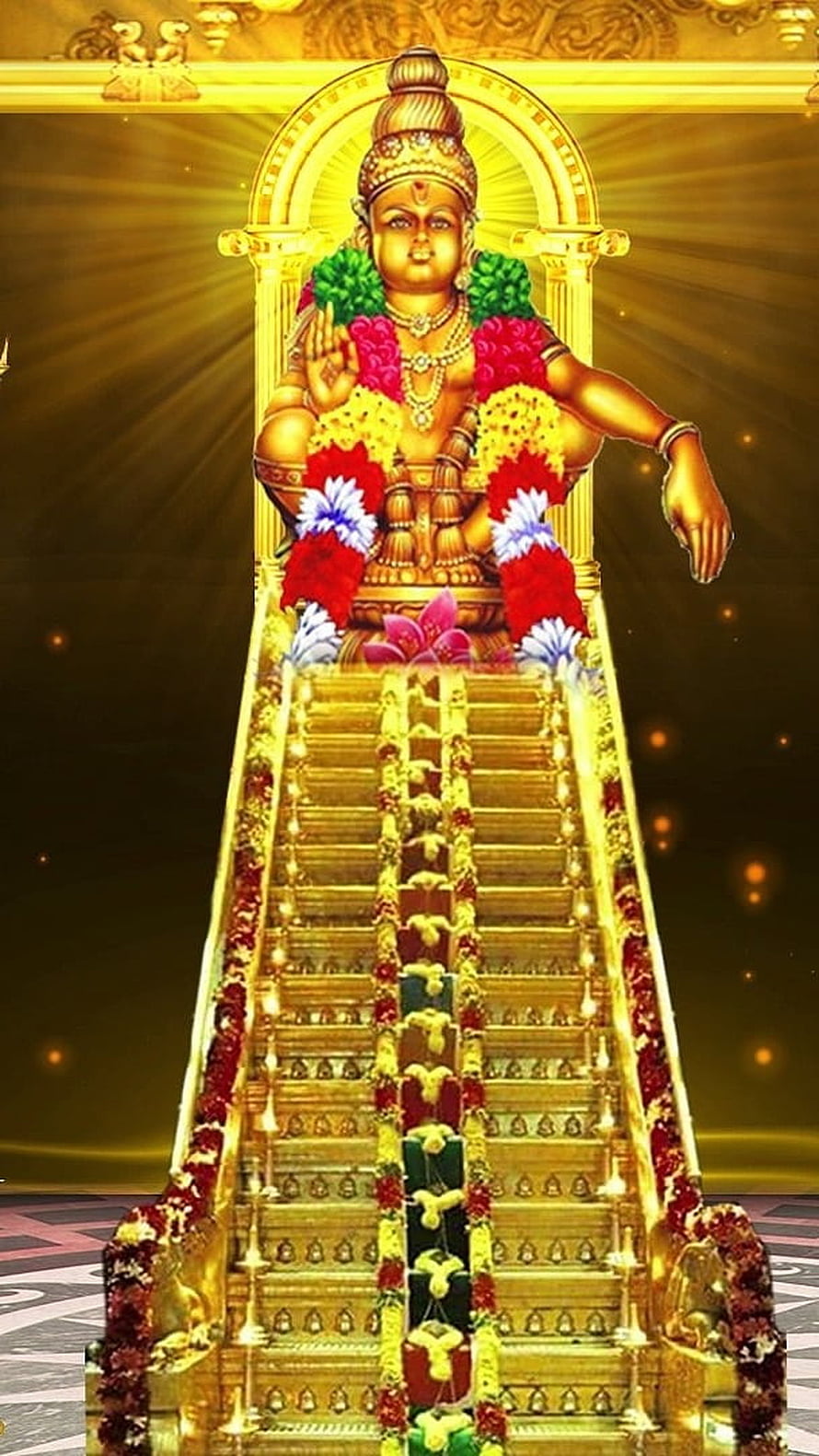 Lord Ayyappan Golden Temple Deity with Flower Garland and Sacred Staircase HD phone wallpaper