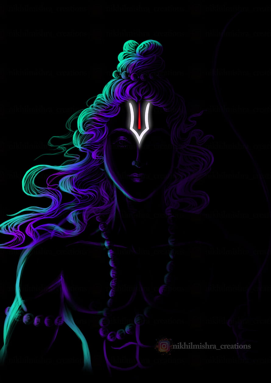 Neon Digital Art of Lord Shri Ram with Glowing Hair and Tilak on Black Background HD phone wallpaper