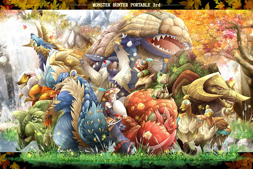 Monster Hunter Portable 3rd Autumn Forest Monster Group Artwork HD wallpaper