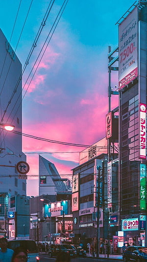 Osaka Cityscape at Dusk with Vibrant Pink and Blue Sky HD phone wallpaper