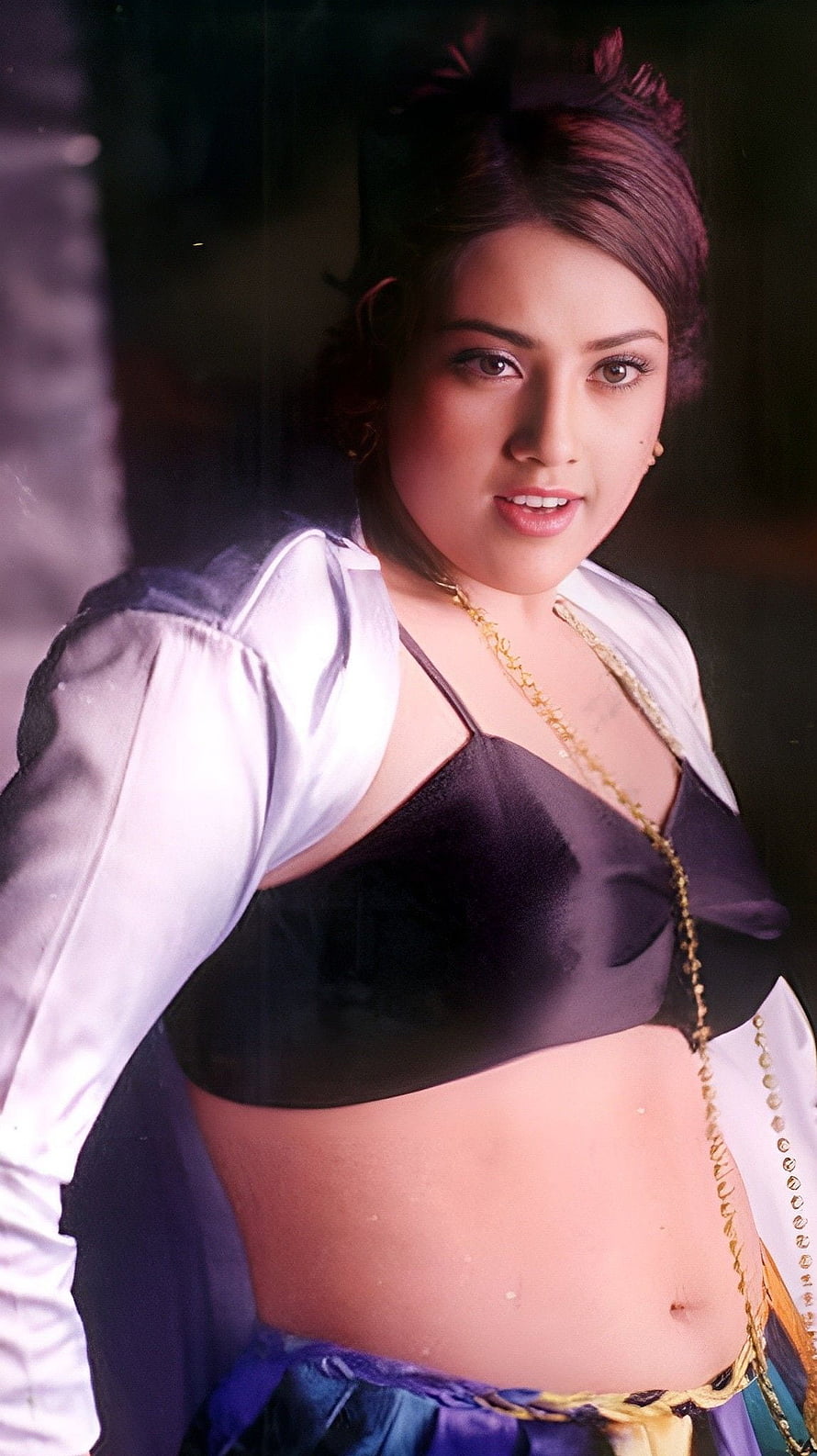 Meena Tamil Actress in Black Crop Top and White Blouse with Gold Chain HD phone wallpaper