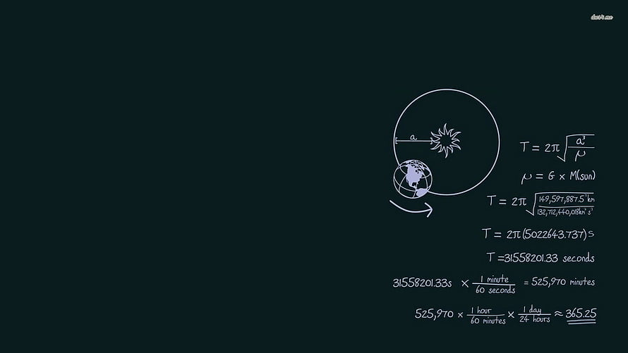 Hand-drawn orbital mechanics diagram showing Earth's revolution and Kepler's third law calculation on a dark background HD wallpaper