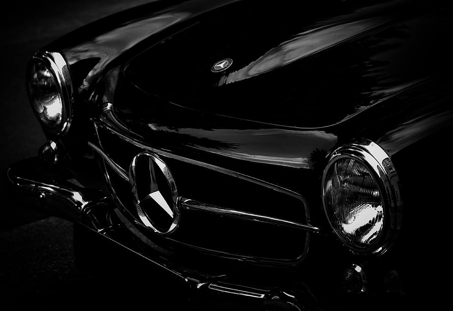 Classic Mercedes Benz Front Grille and Headlights in Dramatic Black and White HD wallpaper