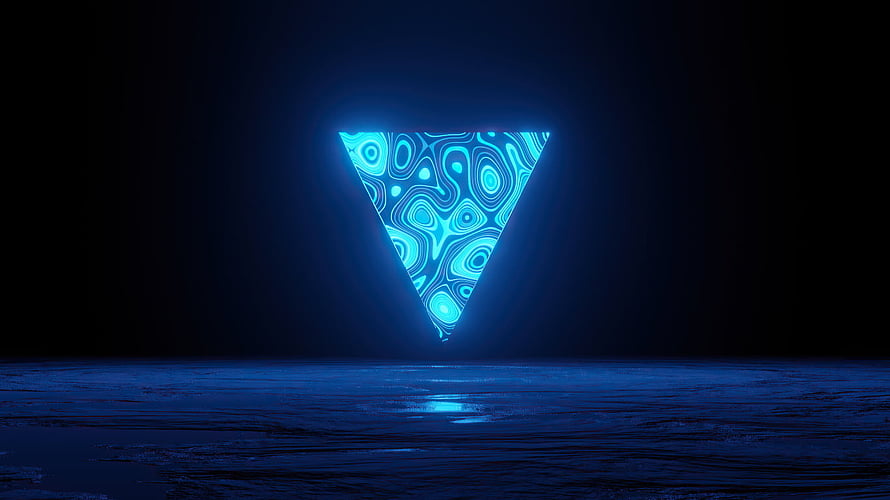 Glowing Blue Triangle with Psychedelic Pattern Over Dark Water Surface HD wallpaper