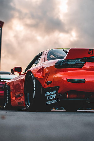 Red Mazda RX-7 Rocket Bunny Widebody Drift Car at Sunset HD phone wallpaper