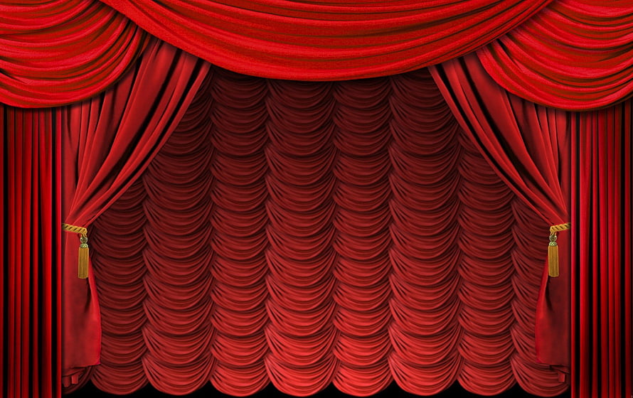 Classic Red Velvet Theatre Stage Curtain with Gold Tassels and Swagged Valance HD wallpaper