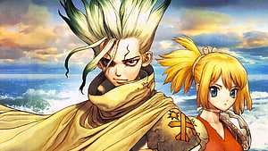Dr. Stone Senku Ishigami and Kohaku Standing Together Against Ocean Waves HD wallpaper
