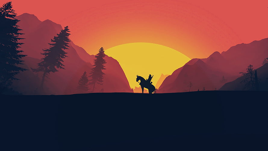 Geralt of Rivia on horseback silhouetted against a dramatic sunset in The Witcher 3 Wild Hunt HD wallpaper
