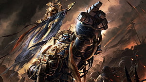 Ultramarine Space Marine Commander Raising Fist on a Dark Battlefield HD wallpaper