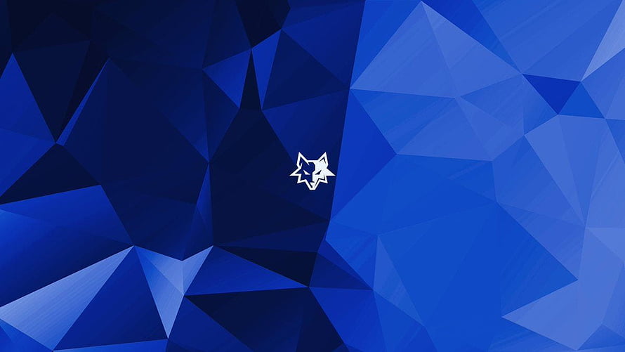 Blue Geometric Low Poly Abstract Background with White Wolf Head Logo HD wallpaper