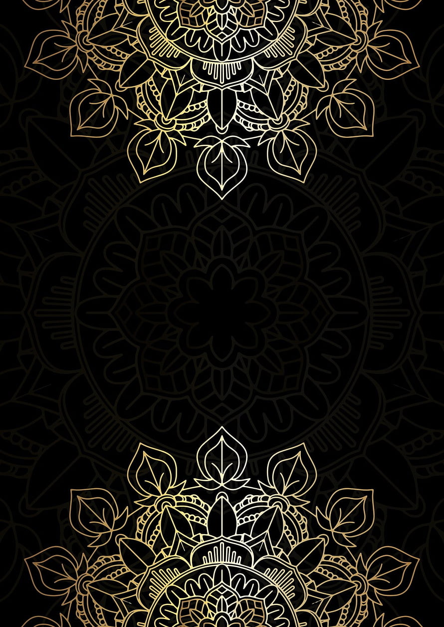 Elegant Gold and Black Mandala Pattern with Intricate Floral Line Art HD phone wallpaper