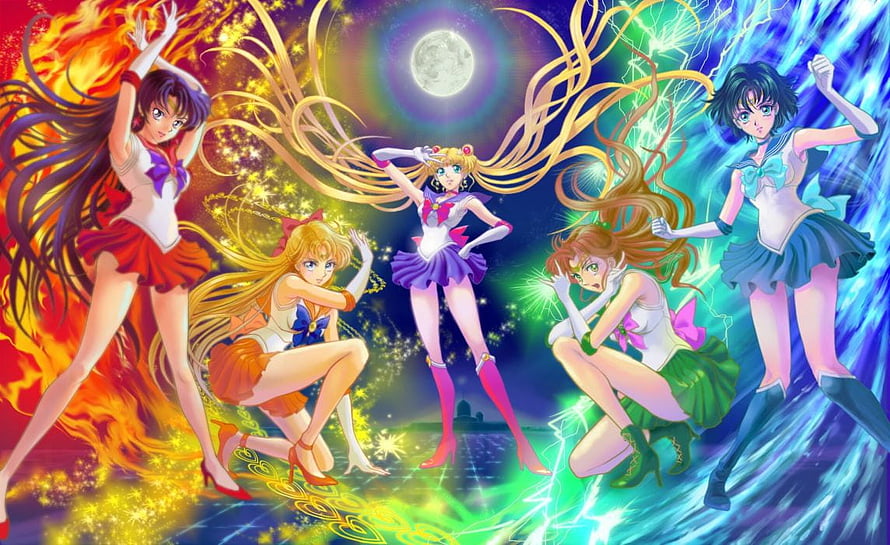 Sailor Moon Inner Senshi Team Artwork with Elemental Powers and Moonlight HD wallpaper