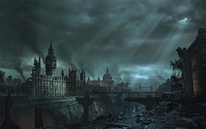 Post-Apocalyptic London Skyline with Big Ben and St Paul's Cathedral Under Stormy Dark Clouds HD wallpaper