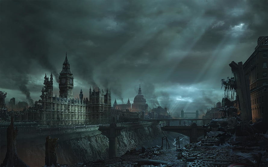 Post-Apocalyptic London Skyline with Big Ben and St Paul's Cathedral Under Stormy Dark Clouds HD wallpaper