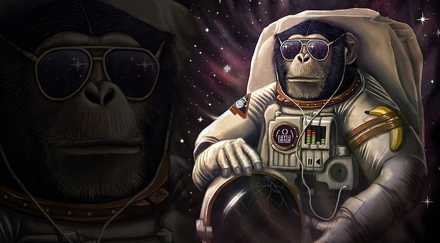 Chimpanzee Astronaut in Space Suit with Sunglasses and Headphones Against Starry Nebula Background HD wallpaper