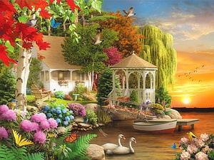 Serene Lakeside Cottage with Gazebo, Swans, and Vibrant Garden at Sunset HD wallpaper