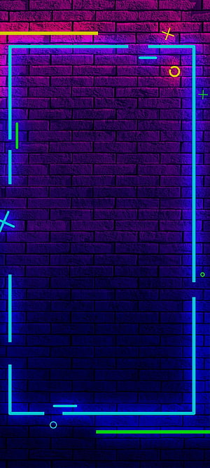 Neon Geometric Frame on Brick Wall with Purple and Blue Gradient Lighting HD phone wallpaper