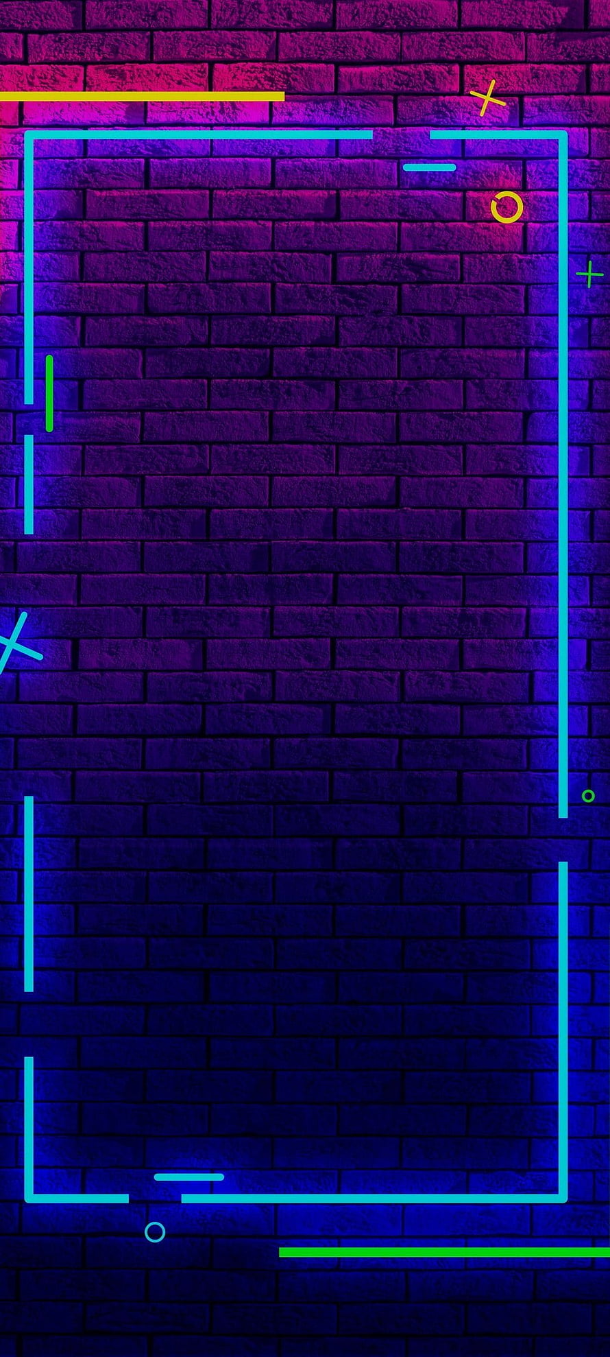 Neon Geometric Frame on Brick Wall with Purple and Blue Gradient Lighting HD phone wallpaper