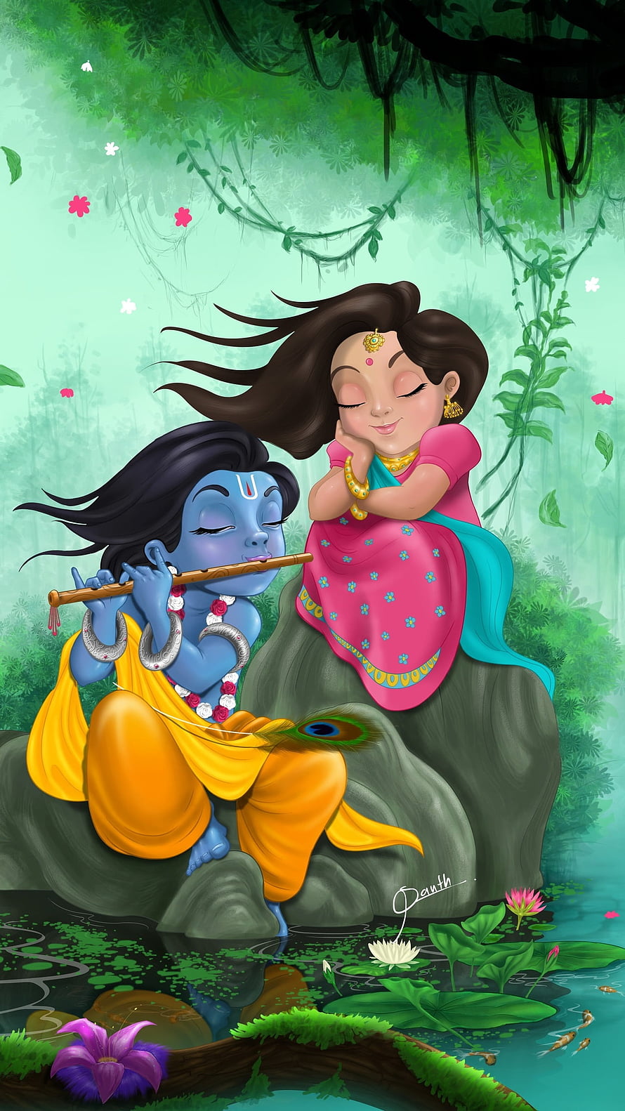 Radha and Krishna Playing Flute in a Lush Forest Setting HD phone wallpaper