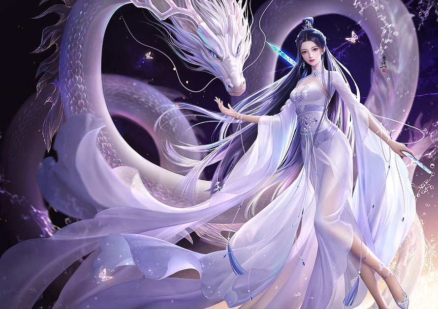Ethereal Fantasy Woman in Flowing White Robes with a Majestic White Dragon HD wallpaper