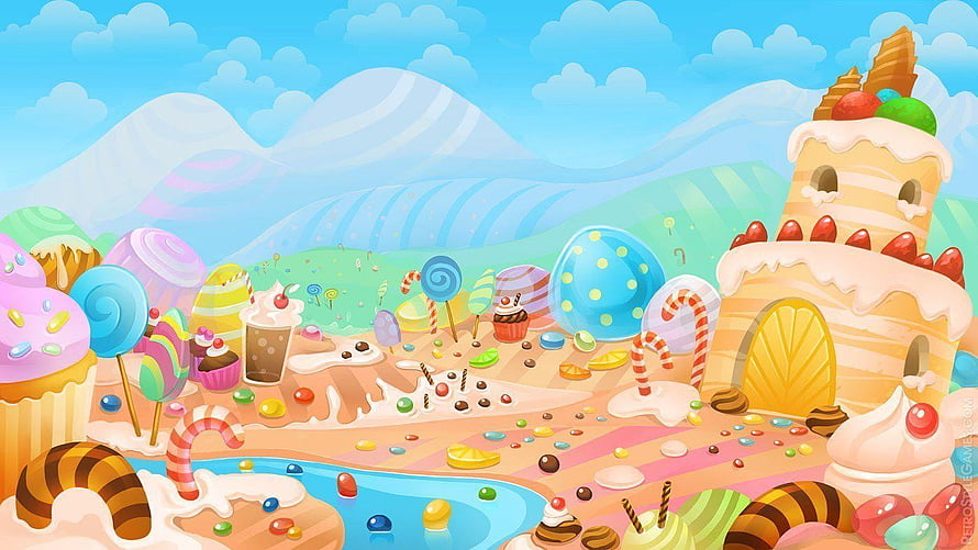 Whimsical Candyland Landscape with Lollipop Hills and Sweet Castle HD wallpaper