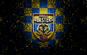 Kerala Blasters FC Glitter Mosaic Shield Logo on Blue and Yellow Checkered Background HD wallpaper