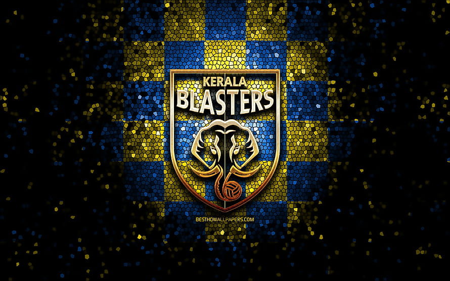 Kerala Blasters FC Glitter Mosaic Shield Logo on Blue and Yellow Checkered Background HD wallpaper