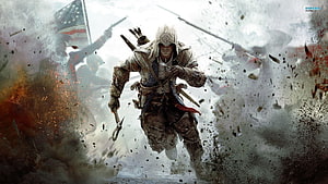 Assassin's Creed III Ratonhnhakéton in Colonial Battle Scene with American Flag HD wallpaper