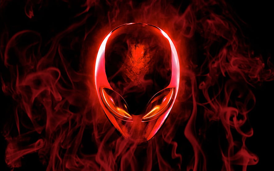 Glowing Red Alien Mask with Swirling Smoke on Black Background HD wallpaper