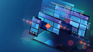 Digital Illustration of Laptop and Smartphone with Floating Code Interface Panels HD wallpaper