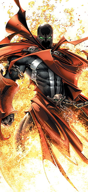 Spawn comic book character in black armor and red cape with glowing green eyes and fiery explosion background HD phone wallpaper