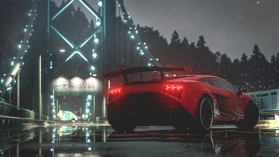 Red Lamborghini Aventador SVJ Rear View on Rainy Bridge at Night HD wallpaper