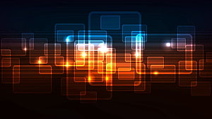 Glowing Geometric Circuit Pattern with Orange and Blue Neon Light Trails on Dark Background HD wallpaper