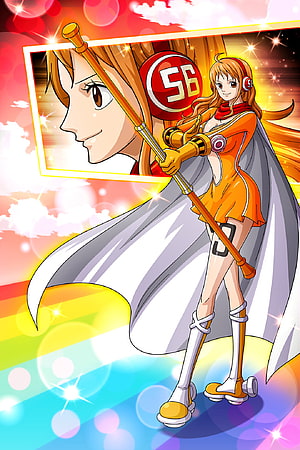 Nami from One Piece in Orange Outfit with Staff and White Cape HD phone wallpaper