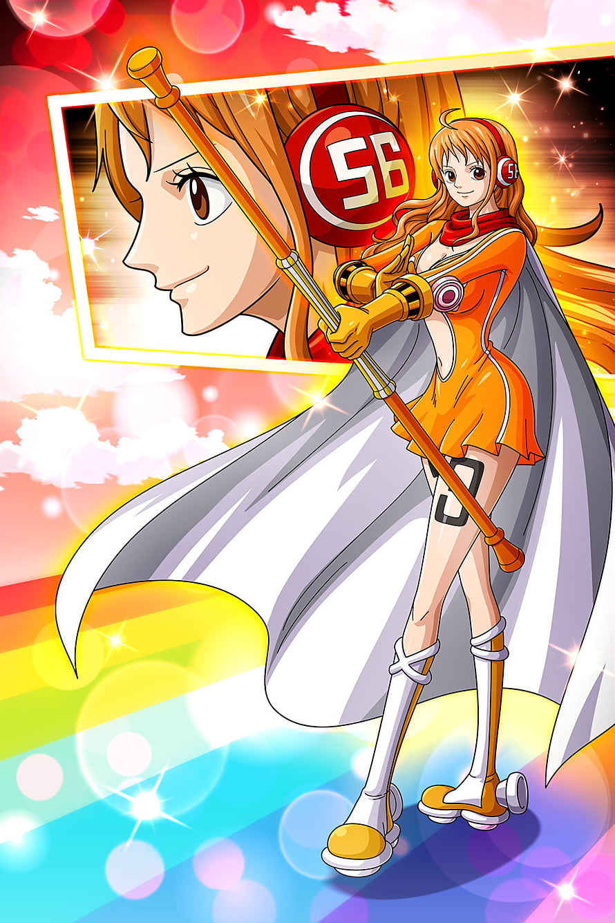 Nami from One Piece in Orange Outfit with Staff and White Cape HD phone wallpaper