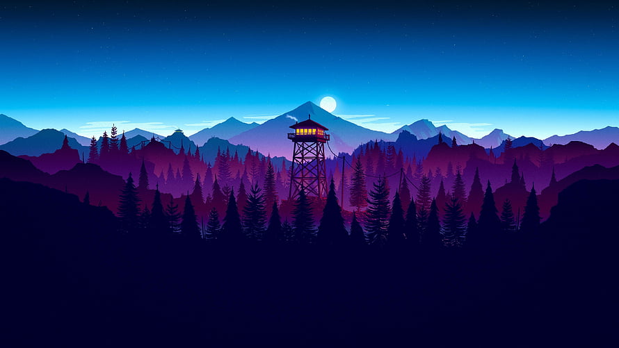 Firewatch Video Game Artwork Featuring a Glowing Fire Tower in a Twilight Pine Forest HD wallpaper