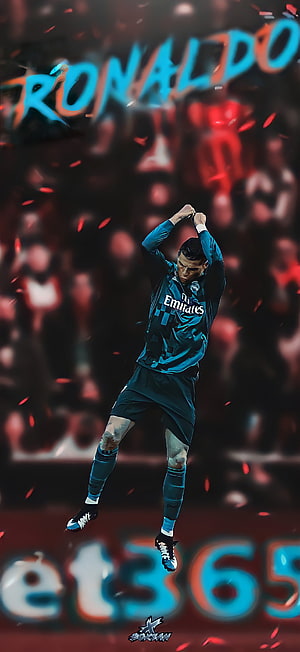 Cristiano Ronaldo in Real Madrid Kit Celebrating with Arms Raised in Stadium HD phone wallpaper