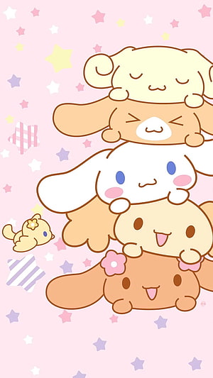 Cinnamoroll and Friends Stacked Together on a Pastel Pink Starry Background HD phone wallpaper