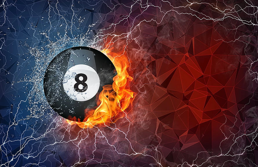 Dramatic 8-Ball Billiard with Fire and Water Effects on Geometric Background HD wallpaper