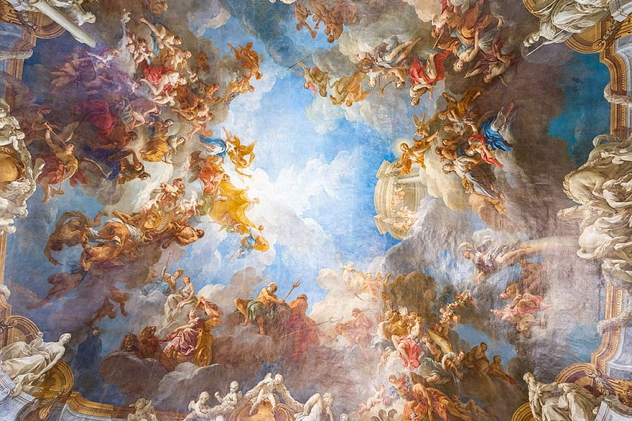 Baroque ceiling fresco with celestial figures and clouds in a grand palace interior HD wallpaper