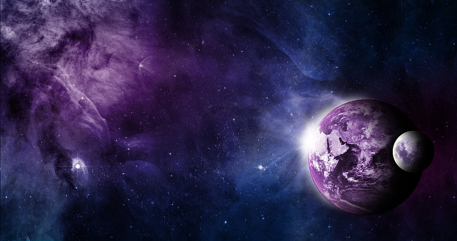 Purple Nebula and Distant Planet with Moon in Deep Space HD wallpaper