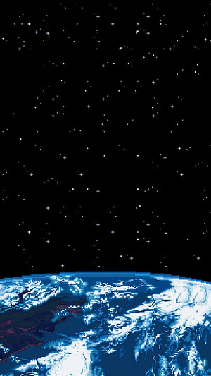 Pixel Art Earth Curvature Against Starry Black Space Background HD phone wallpaper