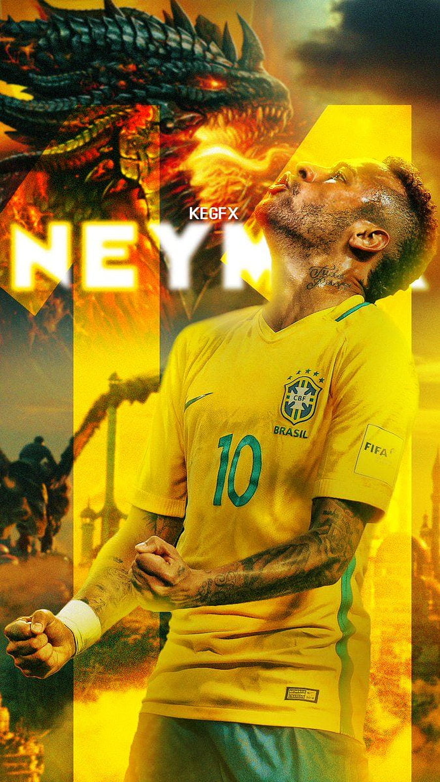 Neymar Jr in Brazil National Team Jersey with Dramatic Dragon Fantasy Background HD phone wallpaper