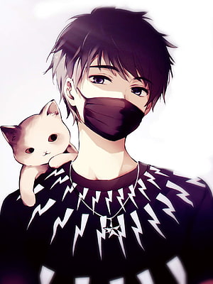 Anime boy with black face mask and kitten on shoulder in lightning pattern shirt HD phone wallpaper