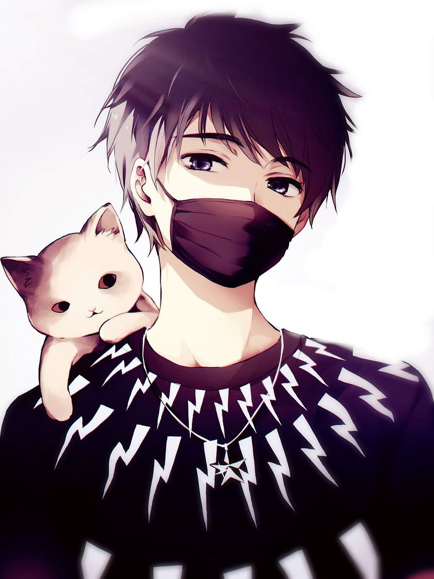 Anime boy with black face mask and kitten on shoulder in lightning pattern shirt HD phone wallpaper