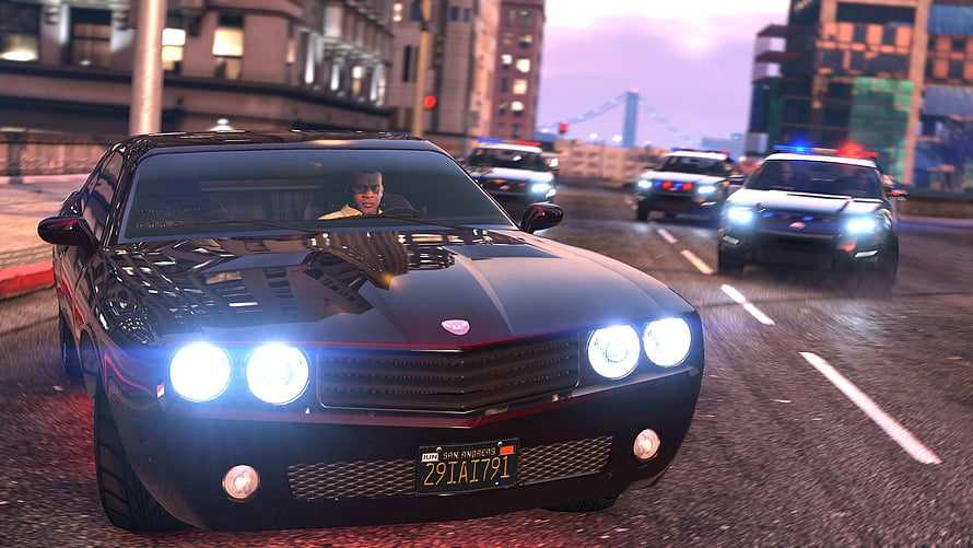 GTA V Police Chase Scene With Black Muscle Car And Pursuing Cops On City Highway HD wallpaper