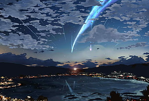 Anime Night Sky with Meteor Shower Over Coastal City and Ocean HD wallpaper