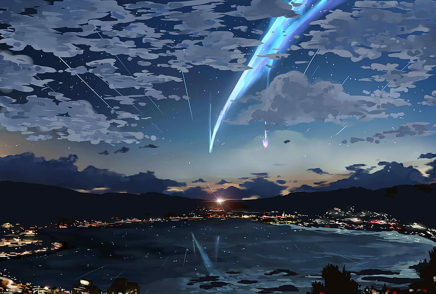 Anime Night Sky with Meteor Shower Over Coastal City and Ocean HD wallpaper