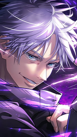 Satoru Gojo from Jujutsu Kaisen Anime with Silver Hair and Blue Eyes in Purple Light HD phone wallpaper